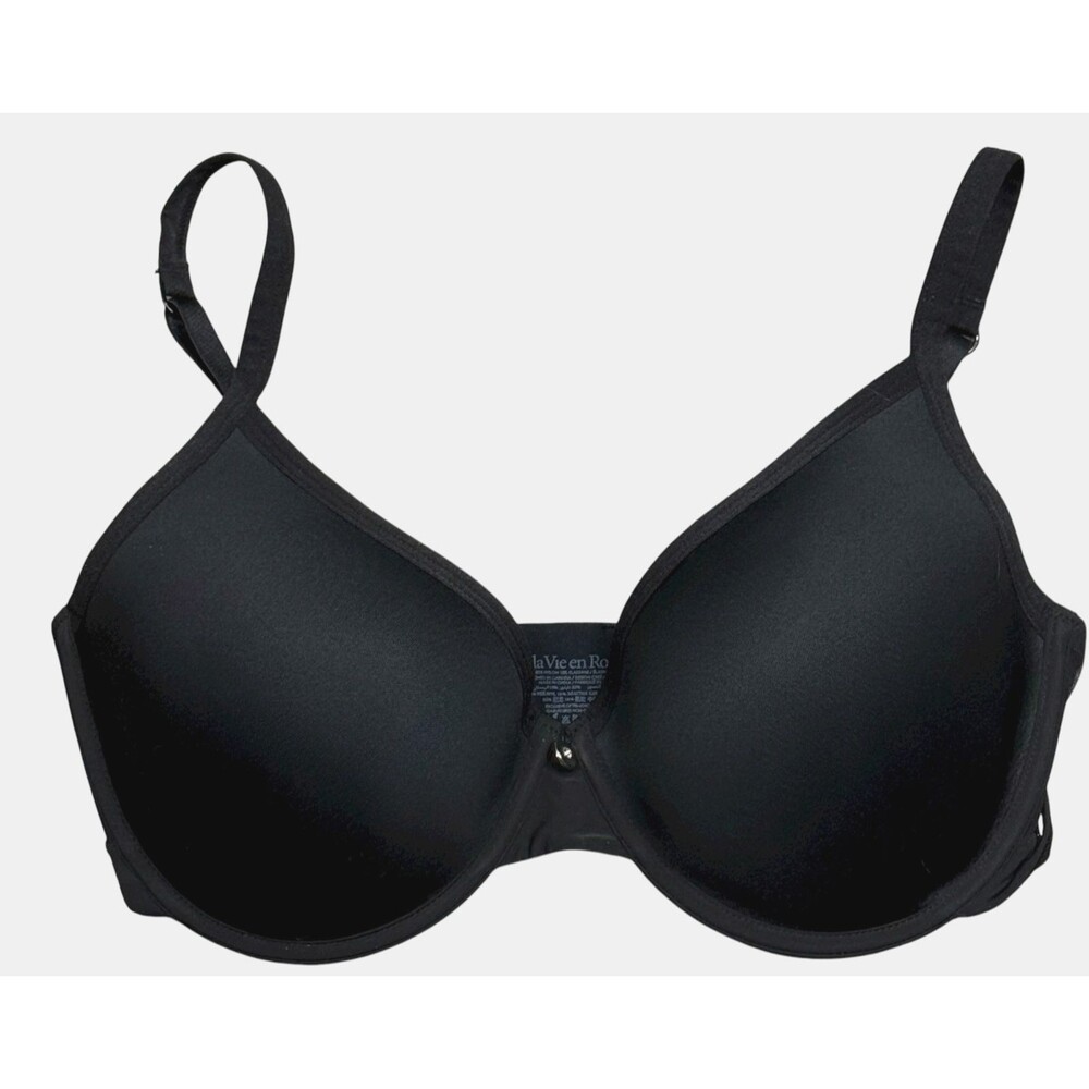La Vie en Rose Black Bra 34DD Underwire Plunge Unpadded Rhinestone Charm Boudoir